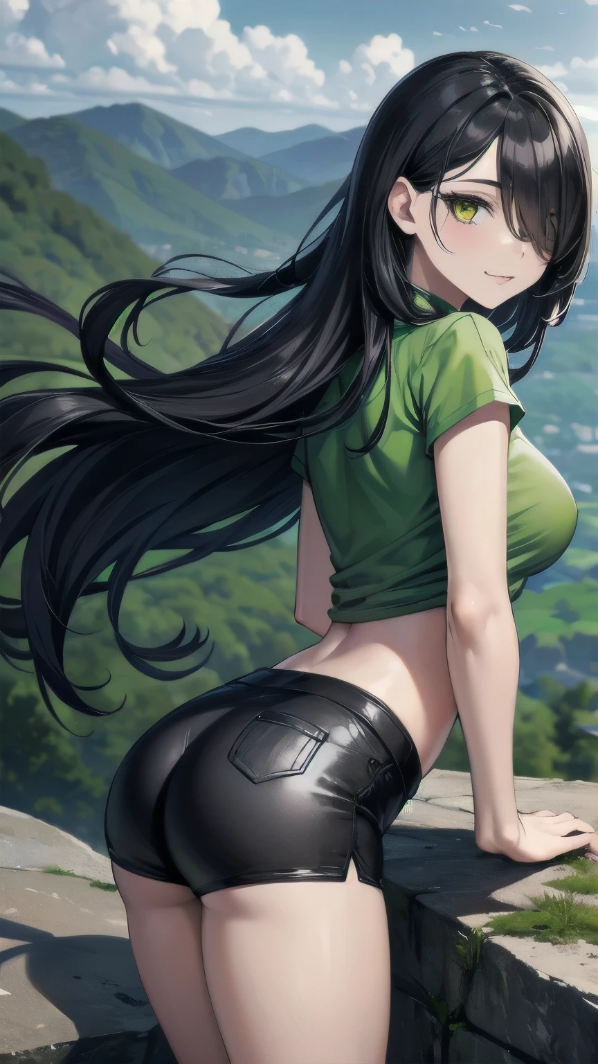 (masterpiece), best quality, expressive eye, perfect face, mature female, medium breasts, , long hair, (hair over one eye), very long hair, straight hair, black hair BREAK yellow eye BREAK hiking, mountains, mountainous road, rocks, cloudy sky, standing, short sleeves, green shirt BREAK black shorts BREAK from behind, looking back, cute butt, :/