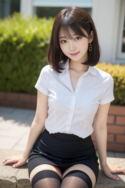 Tabletop, highest quality, shape, Very detailed, finely, High resolution, 8k wallpaper, 完璧なダイナミックな構shape, The hairstyle is short hair、Beautiful and beautiful eyes, suit，Natural color lip, smile、18-year-old girl，When wearing black tights or stockings、plump thighs、