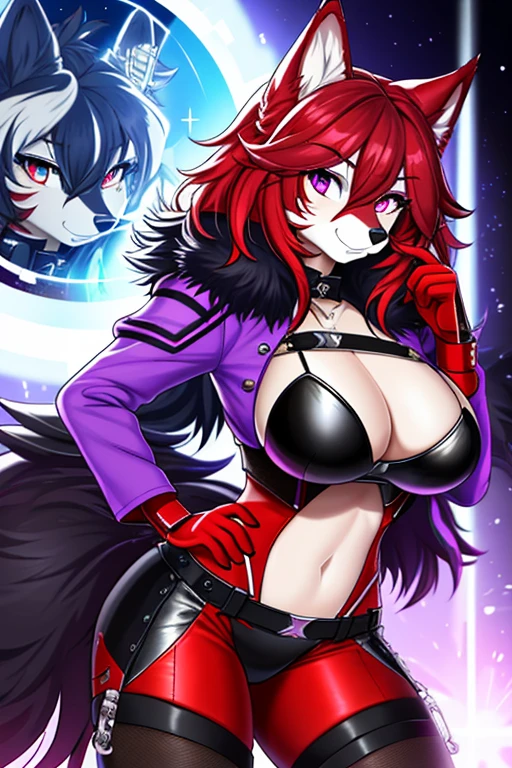 (tmasterpiece,best qualtiy),Altair, hairy female, 1girll, Purple eyes, wolf, sketching, Detailed fur skin,Military_Dress , Sharp focus, fluffly,Airforce_Base , Two-tone fur, Your body soloes, Black tail, Red fur, 8K , hairy female, 1girll, Animal_wolf ears, eletric, with light glowing, hair_One_eye, Looking_at_peeping at the viewer, Black fur,Red hair, Large_Breast, Furry, Anthro, 1911_Pistol