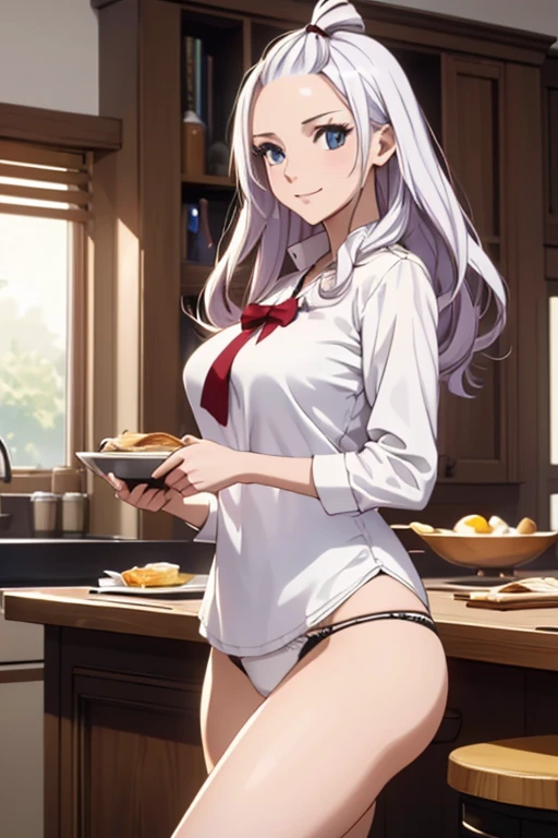 (best quality,4k,8k,highres,masterpiece:1.2),ultra-detailed,realistic,photorealistic:1.37, Mirajane Strauss with a beautiful smile wearing a long white shirt and panties, preparing her breakfast