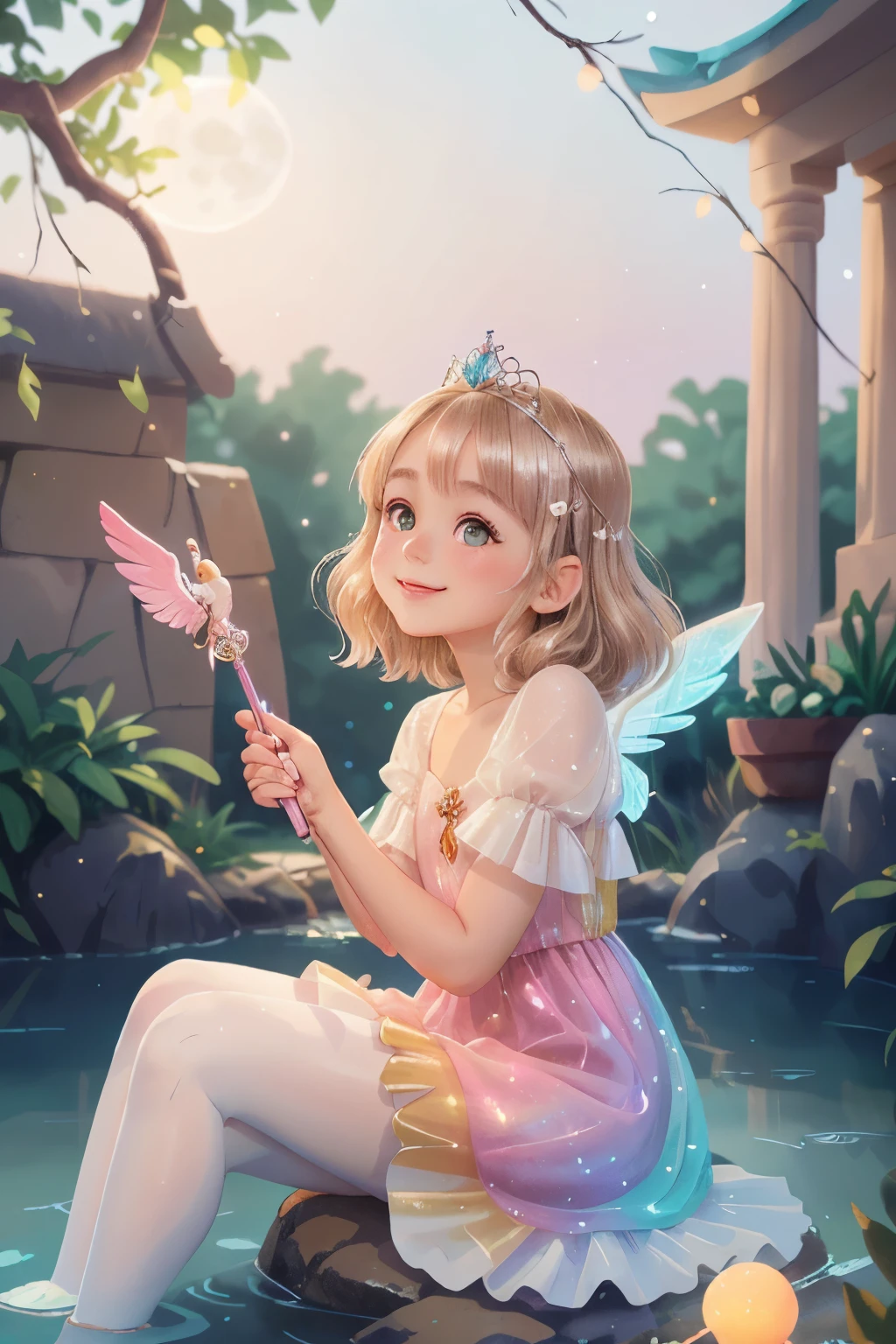 girl sitting on draped fabric in shimmering water, blond long voluminous hair with turquoise highlights, brown eyes, youthful face, pink sparkle summerdress, soft pastel light, gentle smile, content expression, white sheer pantyhose, blushing cheeks, angle from below, pink lipgloss, blurry fairylights in background, glitter sparkly bokeh effect, orange gradient background, fairywings, shy pose, silver princess tiara, blue shimmer, rainbow light backlit, soft edges, soft colors, angelic face, innocent doll eyes, holding fairywand, profile angle, moonlight, ancient temple in background with pegasus