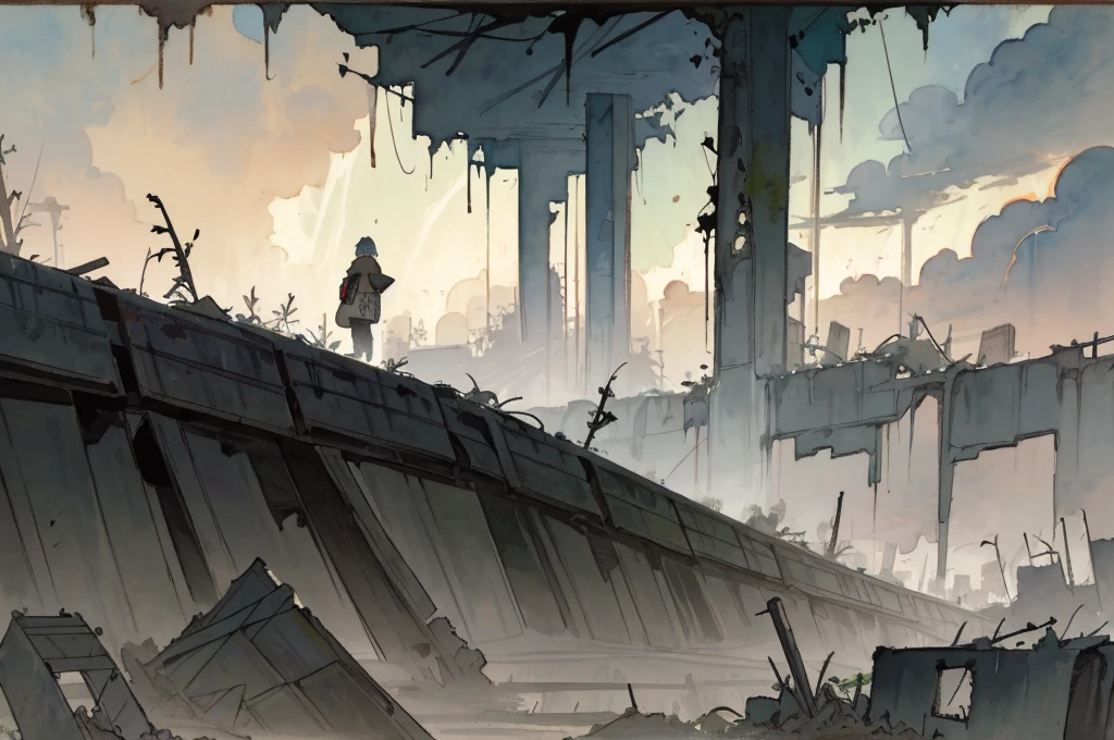 a girl standing, shukezouma,(illustration:1.1),(best quality),(masterpiece:1.1),(panorama shot:1.3),(full body:1.25),(solo:1.2),highres,(watercolor) a post-apocalyptic wasteland with desolate ruins and overgrown vegetation reclaiming the decaying structures. the sky is filled with ominous storm clouds, hinting at an impending storm. harsh winds sweep through the abandoned streets, carrying dust and debris. the scene evokes a sense of isolation and survival, with remnants of the past serving as a reminder of a lost civilization.