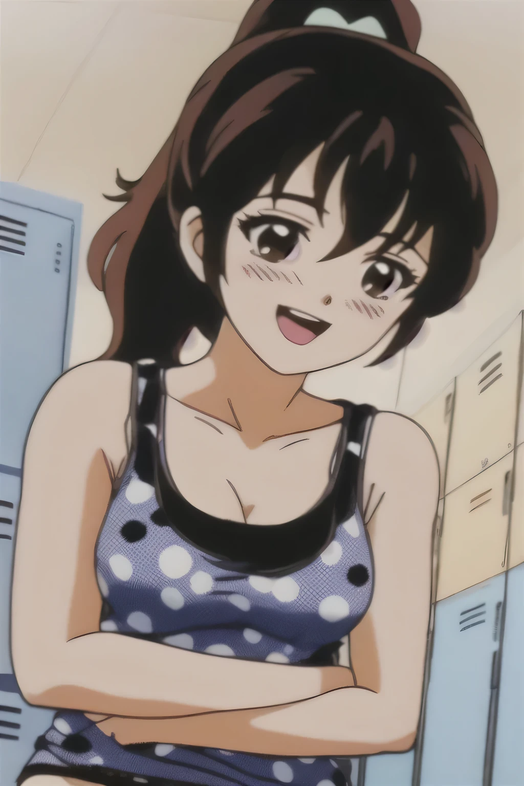 tomoko,ponytail_hair, pupil_Brown,blush, smile,Open_mouth,Embarrassing,locker room,(((Black lace underwear))),(((Polka dots_Tank top))),(((No bra))),Michiko_Change clothes,