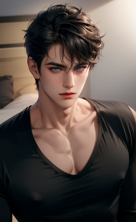 (masterpiece,best quality,ultra_detailed,highres,absurdres),1 mature male, 30-ish, (wide shoulder), ((no chest hair)), male focus, solo, short black Quiff hair with Soft Fringe (bangs part on side 3:7 ratio), simple background, brown eyes, upper body, short hair, looking at viewer, parted lips, round eyewear, wet hair, black work shirt, long sleeves, showing a bit of muscles, bedroom background.