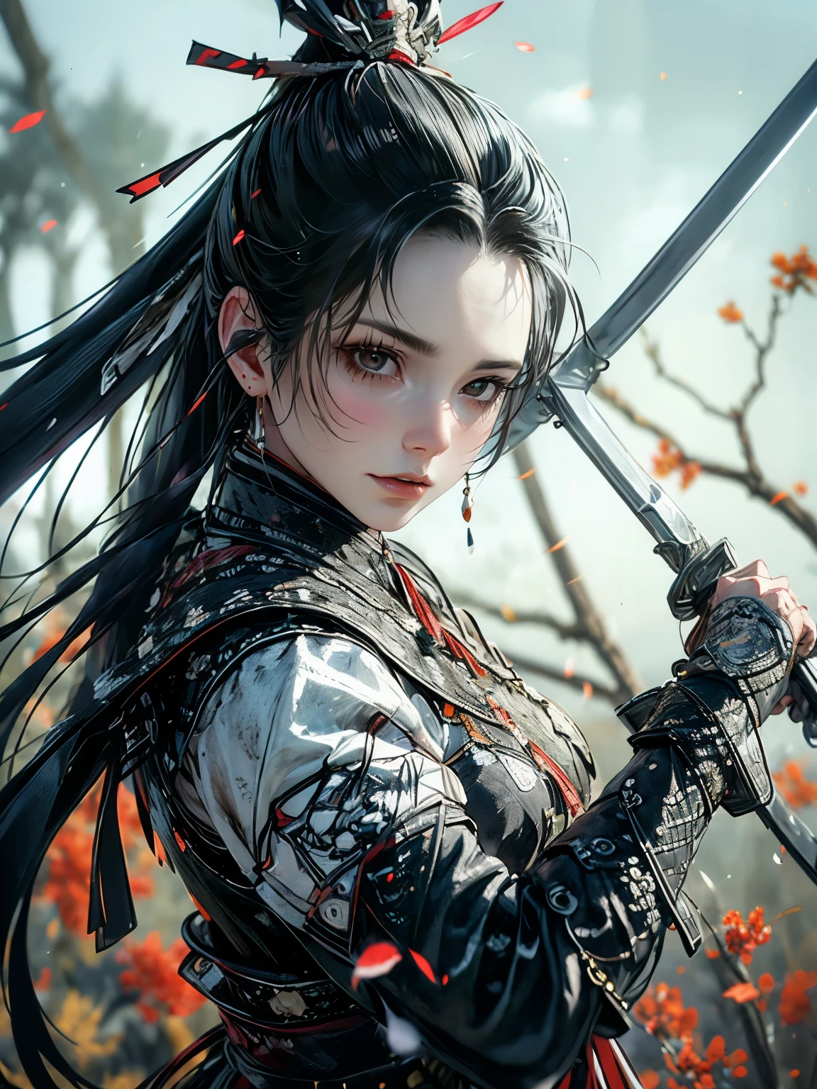 (In 8K，highest quality，masterpiece)，(Realistic，RAW Photos，Super Fine Clear)，Realistic Light，Detailed skin，Beautiful woman，((25-year-old female, Beautiful assassin:1.5)),Thin legs、fine grain，long hair, Detailed fingers、thin、Sexual，Ecstasy facial expression,garden, camellia,Flower storm, Super big , boucing firm bust