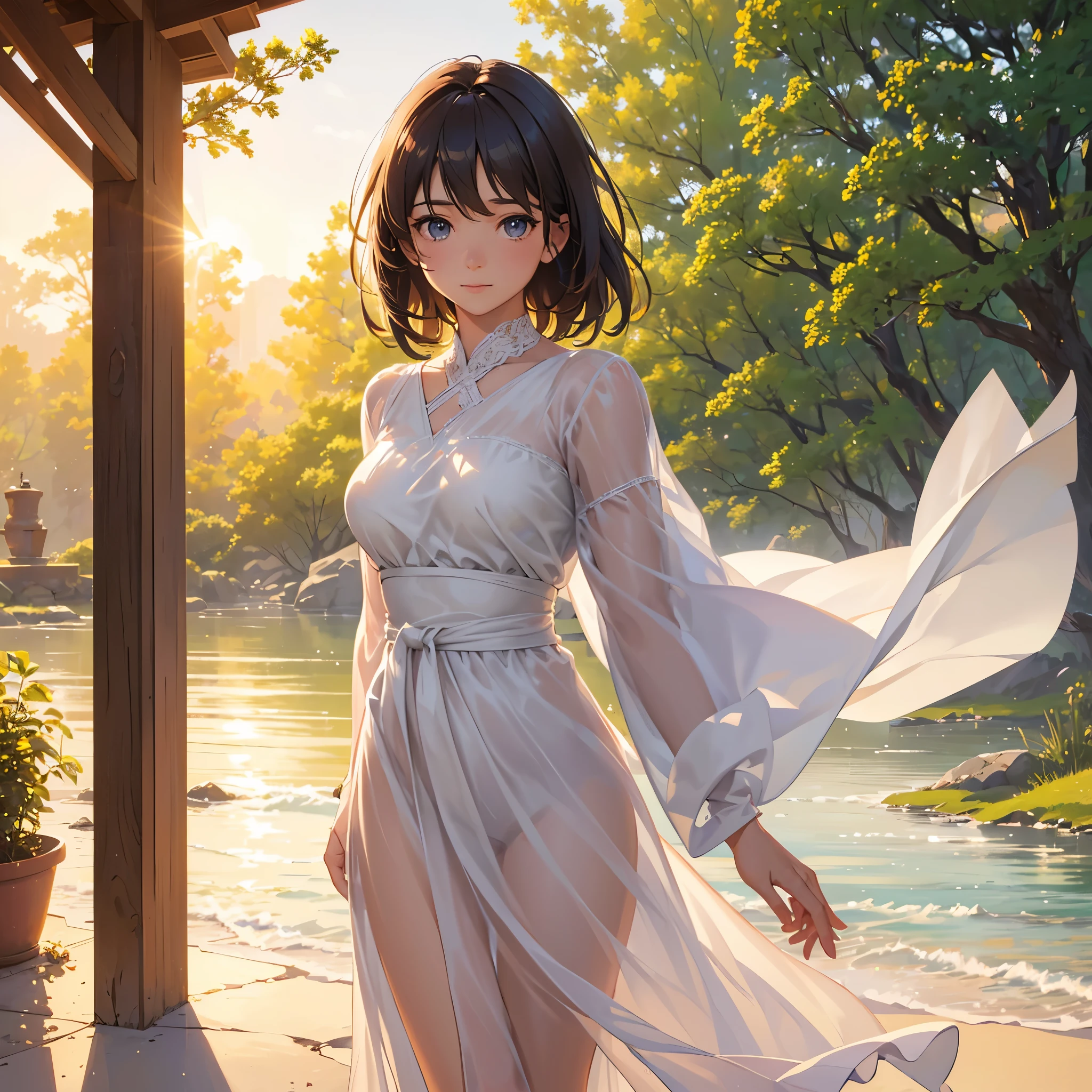 (best quality,4k,8k,highres,masterpiece:1.2),ultra-detailed,(realistic,photorealistic,photo-realistic:1.37),anime style,colored,soft lighting,age girl,short brown hair,expressive eyes,rosy cheeks,sunset background,faint glow,peaceful expression,flowing dress,gentle breeze,blurred foreground,subtle shadows,dreamy atmosphere,pastel colors,warm tones,serene environment,slight smile,tranquil surroundings,single figure,ethereal feel,close up photos