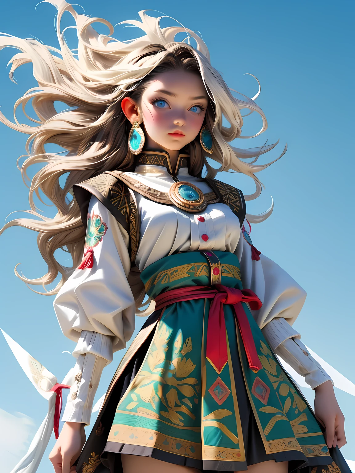 Super detailed, super realistic, 8k, master piece, beautiful Nordic young girl, 18 years old, ((wind effect:1.5)),highly detailed old folk costume, long straight black hair, Yakuts folk costume, beautiful crystal blue eyes, almond eyes, intricate textile decorated with colorful and intricate geometric patterns, arm ornamentation, decorative embroidery. Beautiful crystal blue eyes, almond eyes, intricate fabrics decorated with colorful and intricate geometric patterns, clothes in earth colors such as White red and green,,aw0k euphoric style,