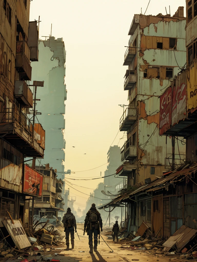 Arafid man walks with his dog in a destroyed city，In post-apocalyptic cities，In the post-apocalyptic wasteland，in a post apocalyptic setting，In post-apocalyptic cities，Destroyed city in the background，Wasteland，cartoon，comics，Drawing illustration，Flat Ink，Thick outline，Cross hatch texture，Technopunk，Savage style