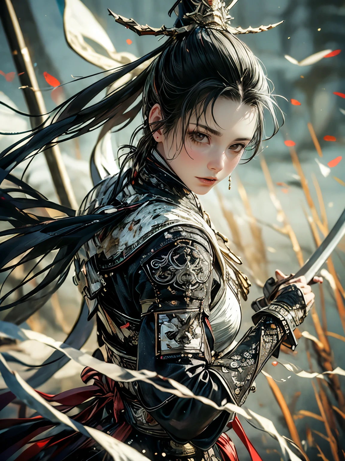 (In 8K，highest quality，masterpiece)，(Realistic，RAW Photos，Super Fine Clear)，Realistic Light，Detailed skin，Beautiful woman，((25-year-old female, Beautiful assassin:1.5)),Thin legs、fine grain，long hair, Detailed fingers、thin、Sexual，Ecstasy facial expression,garden, camellia,Flower storm, Super big , boucing firm bust