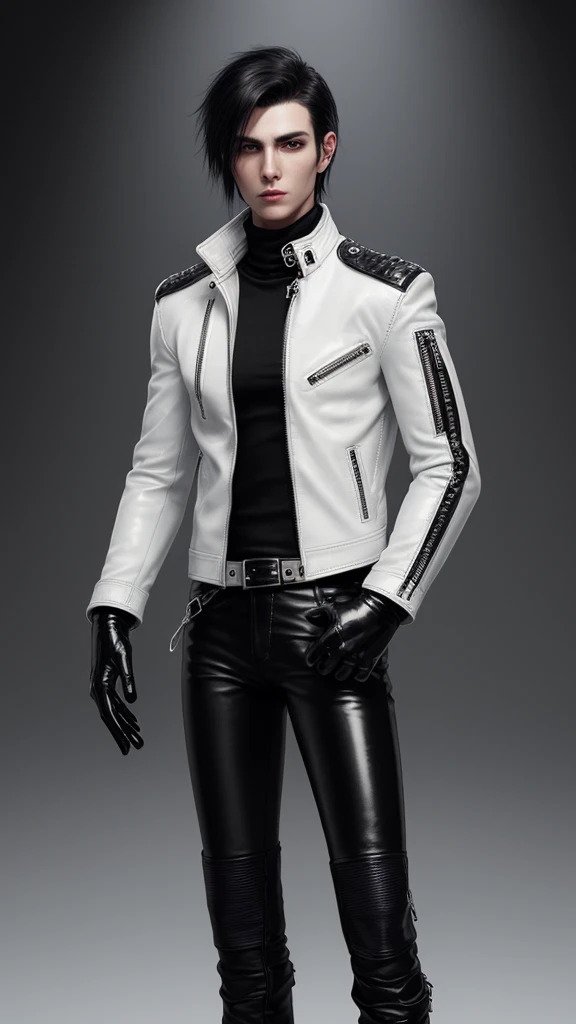 Final Fantasy-style graphics, young, Cute and cool Japanese boys, Thin eyebrows and big eyes,  He is wearing a shiny white single-breasted leather jacket...。Biker style leather jacket、 with epaulettes,  The jacket is zipped up, The jacket pockets are black., The jacket has a high stand-up collar with a belt, Also wearing a black turtleneck, black leather pants, Thin black leather gloves on both hands, Black leather knee-high lace-up boots, Show me your whole body from head to toe, Final Fantasy Style、((good looking))、((Clear eyes and nose))、((Shiny white single leather jacket))、((The jacket must be white))((The jacket has epaulettes))、((The jacket has a high stand-up collar and a belt.))、((The jacket has a black pocket))、((Black turtleneck shirt))、((Shiny black leather pants))、((Shiny black leather gloves on both hands))、((Black lace-up leather long boots))、((View the whole body image from a distance))、Realistic image quality and texture、In a small cell、close your eyes、A kind smile、((The jacket is closed with a zipper))、((No exposed skin below the neck))