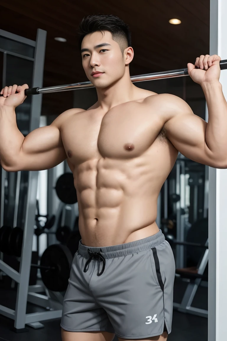 masterpiece, best quality, high resolution, Practical, Handsome, Photogenic, Shank, SFW, A photo of a 35-year-old gym fraternity (man:1.2) portrait, Standing in the gym , Do military news, weight, amazing , Short flat head,Stubble , (muscular),Swelling of chest muscles,Sweating,用明亮charming的眼神看着观众, Flirting with the camera, charming, (Naked ),Ultra-thin skinny shorts,Big bag highlights,(GS-positive:1), 8K Ultra HD
