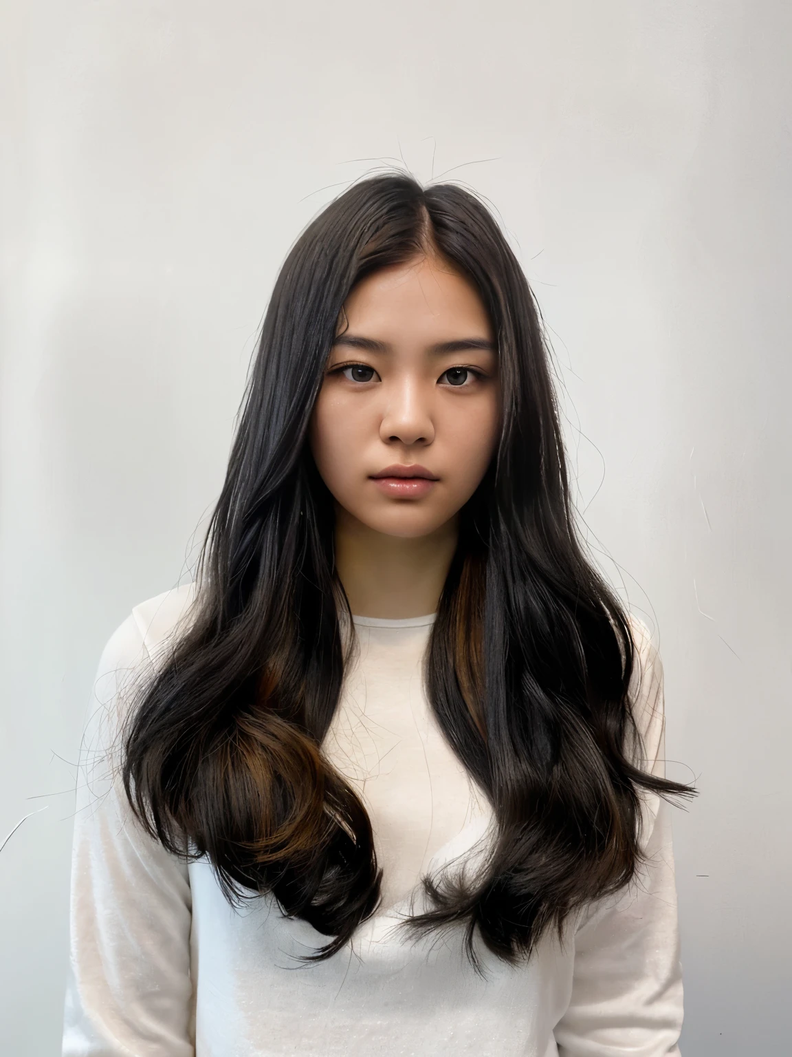 Best Quality, 8k, Masterpiece, (Portrait: 1.3), (photo realistic:1.4), (hyper realistic:1.4), Sharp Focus, looking at viewer, (smoother lighting:1.1), (increase cinematic lighting quality:0.9), realistic lighting, backlighting, light on face, ray trace, (brightening light:1.2), (Increase quality:1.4), sharp detail, (best quality real texture skin:1.4), finely detailed eyes, black_eyes, finely detailed face, 25 year old Korean woman, (white _s blousehirt:1.4), (Create an image maintaining the original base model hairstyle:1.5)