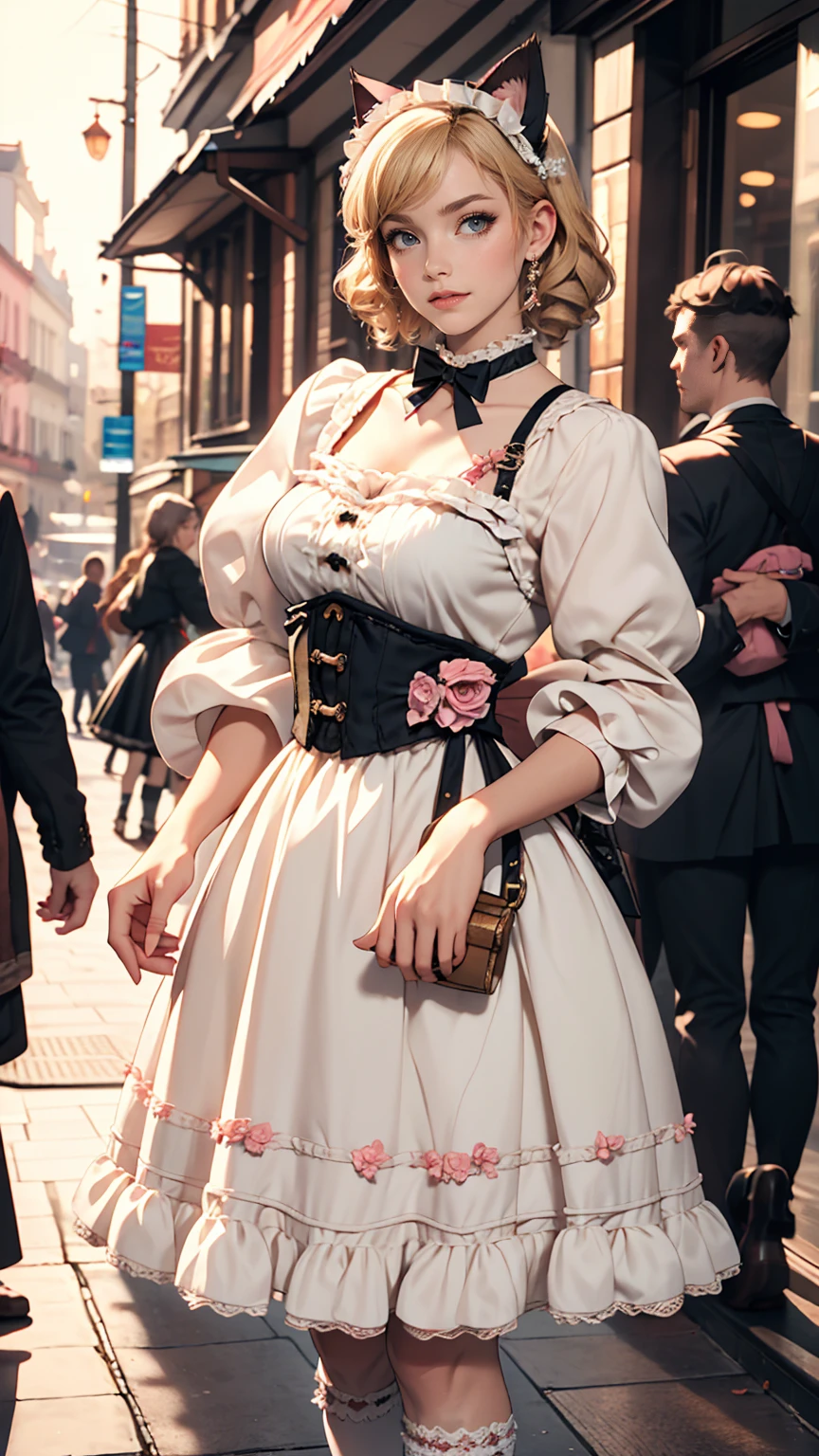 Amazing details, 8K Photos, Hyperrealism, professional lights, Realistic Background, Visual depth, Background blur, Wide-angle lens, whole body, (13 years old, cute, change, Flat Chest, Cat ear), One girl, Colored eyes, Blonde, (Lolita fashion: 1.5), (race, Frilled shirt, White petticoat, sneakers), (stuffed toy), pink cute backpack, street, fashion