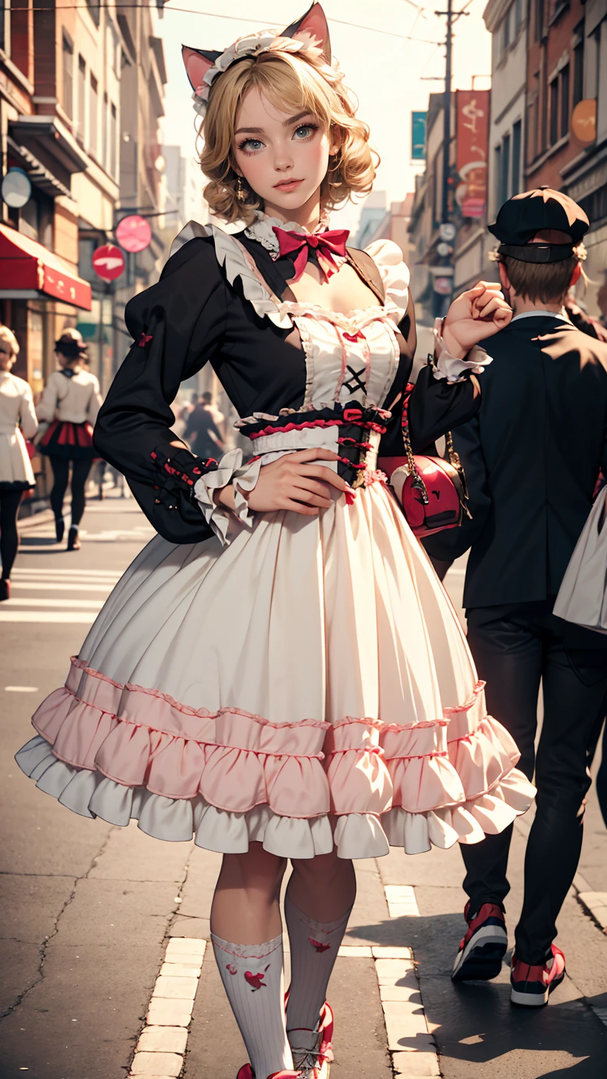 Amazing details, 8K Photos, Hyperrealism, professional lights, Realistic Background, Visual depth, Background blur, Wide-angle lens, whole body, (, cute, change, Flat Chest, Cat ear), One girl, Colored eyes, Blonde, (Lolita fashi1.5), (race, Frilled shirt, White petticoat, sneakers), (stuffed toy), pink cute backpack, street, fashion