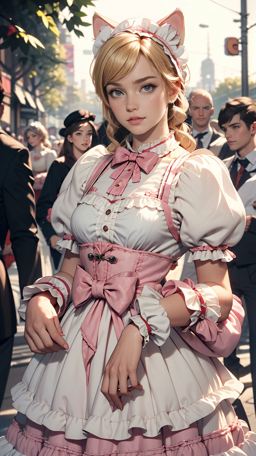 Amazing details, 8K Photos, Hyperrealism, professional lights, Realistic Background, Visual depth, Background blur, Wide-angle lens, whole body, (, cute, change, Flat Chest, Cat ear), One girl, Colored eyes, Blonde, (Lolita fashion: 1.5), (race, Frilled shirt, White petticoat, sneakers), (stuffed toy), pink cute backpack, street, fashion