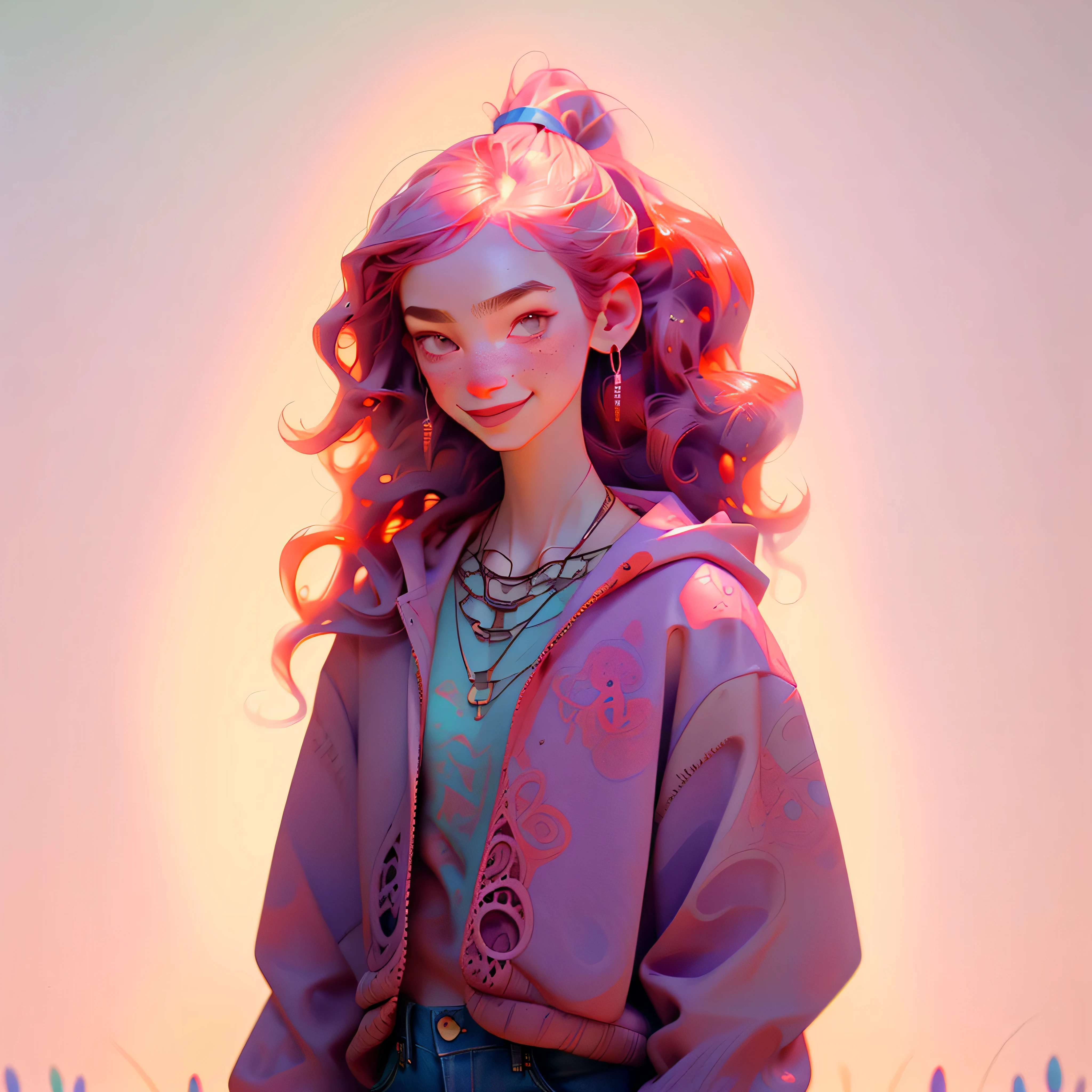 (masterpiece, best quality), 1girl, collarbone, wavy hair, looking at viewer, upper body, necklace, contemporary, purple purple, jeans, oversized purple hoodie, sweatshirt, ((intricate, print)), ponytail, freckles, red hair, dappled sunlight, smile, happy, flower field, outdoors