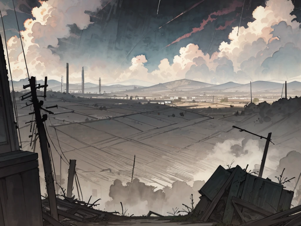best quality, high resolution, ultra-detailed, extremely detailed, a girl standing, shukezouma,(illustration:1.1),(best quality),(masterpiece:1.1),(panorama shot:1.3),(full body:1.25),(solo:1.2),highres,(watercolor) a post-apocalyptic wasteland with desolate ruins and overgrown vegetation reclaiming the decaying structures. the sky is filled with ominous storm clouds, hinting at an impending storm. harsh winds sweep through the abandoned streets, carrying dust and debris. the scene evokes a sense of isolation and survival, with remnants of the past serving as a reminder of a lost civilization,
