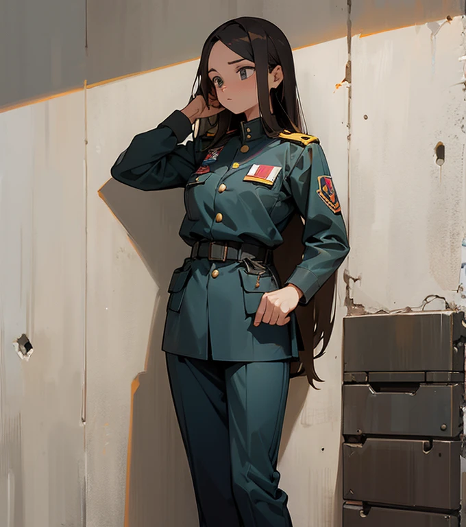 Mujer, vestida de con el uniforme de un soldado, en una pared , con los pechos grandes, cuerpo completo