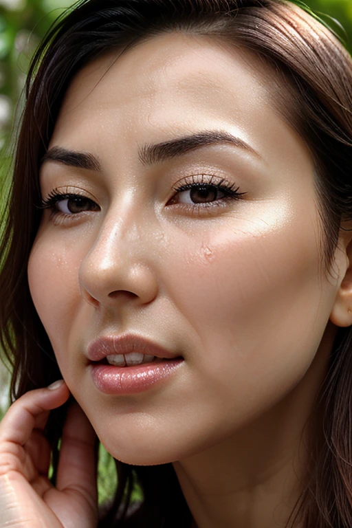 Beautiful Japanese,1 girl(masterpiece:1.2, highest quality), (Realistic, photoRealistic:1.4),, Keep your eyes clearly focused, Nose and mouth,Face Focus, Extreme close up of face、 Age 35,Black Hair、Symmetrical face,Realistic nostrils、Angle from below、Elongated C-shaped nostrils(Sharp Nose)Sweaty skin、Shiny skin,((Brow wrinkles)))(On the tongue)、Deep Kiss、((Thin eyebrows))Oily skin、glistening shining skin、double eyelid、Beautiful woman、Medium Hair,Rolling your eyes,、Shortcuts((half-closed eyes, frown, grimace, scowl))((oily skin,sweat))((Shiny skin)((Sweaty skin))