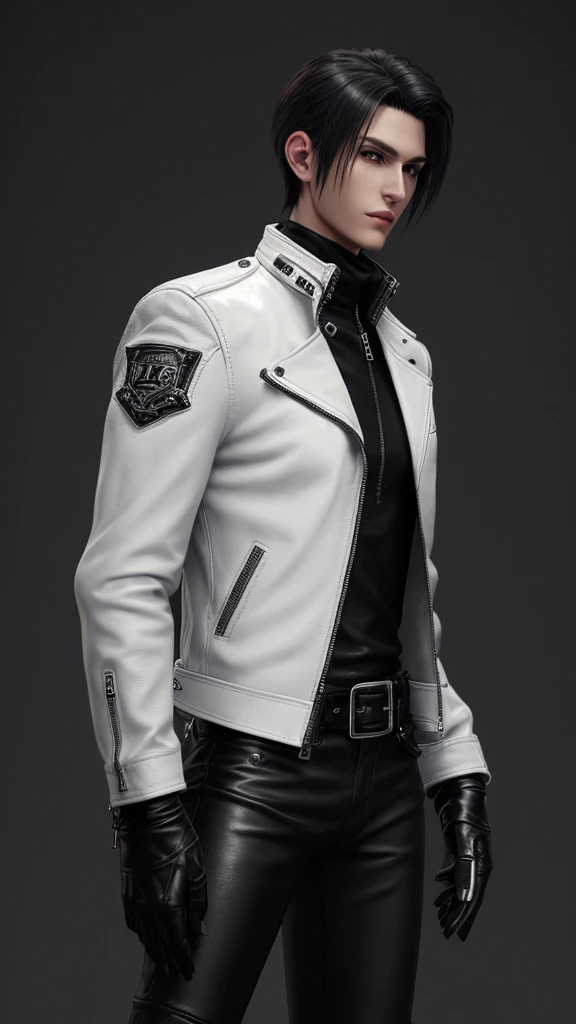 Final Fantasy-style graphics, young, Cute and cool Japanese boys, Thin eyebrows and big eyes, He is wearing a shiny white single-breasted leather jacket...。Biker style leather jacket、 with epaulettes, The jacket is zipped up, The jacket pockets are black., The jacket has a high stand-up collar with a belt, Also wearing a black turtleneck, black leather pants, Thin black leather gloves on both hands, Black leather knee-high lace-up boots, Show me your whole body from head to toe, Final Fantasy Style、((good looking))、((Clear eyes and nose))、((Shiny white single leather jacket))、((The jacket must be white))((The jacket has epaulettes))、((The jacket has a high stand-up collar and a belt.))、((The jacket has a black pocket))、((Black turtleneck shirt))、((光沢のあるblack leather pants))、((Shiny black leather gloves on both hands))、((Black lace-up leather long boots))、((View the whole body image from a distance))、Realistic image quality and texture、、close your eyes、A kind smile、((The jacket is closed with a zipper))、((No exposed skin below the neck))