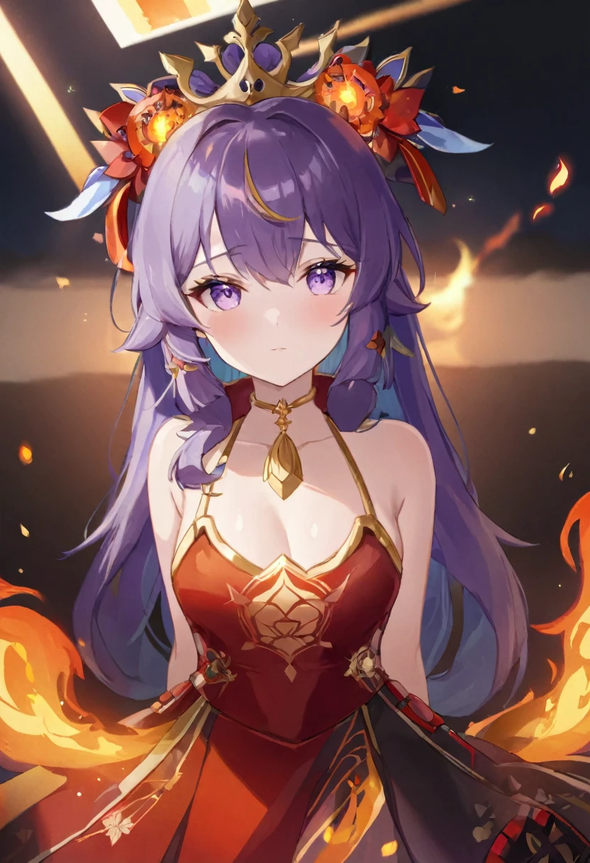 anime girl with purple hair and a crown on her head, ayaka genshin impact, anime moe artstyle, anime goddess, anime style 4 k, appears as the fire goddess, ayaka game genshin impact, cute anime waifu in a nice dress, seductive anime girl, wreathed in flame, from the azur lane videogame, marin kitagawa fanart