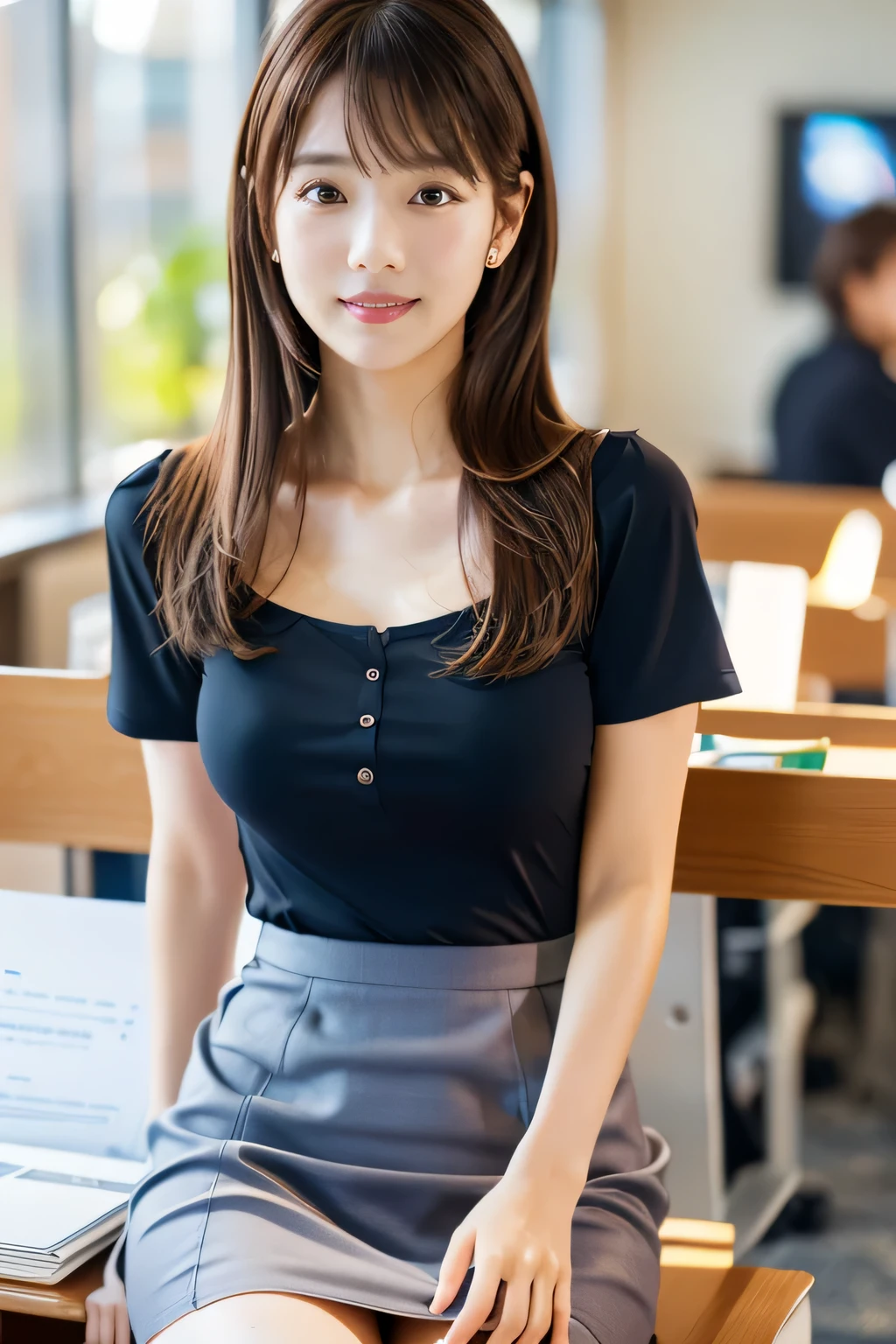 masterpiece, highest quality, Realistic, Very detailed, finely, High resolution, 8k wallpaper, Professional, High level of detail, ((One 20-year-old girl:1.2)), Slender Japanese women,cute lips, Collarbone Detail, Center of chest、Perfect Face, (cute short hair:1.5), Chestnut Hair、cute face、Perfect Professional Potion、((Complete head-to-toe coverage:1.5)、(8k、RAW Photos、highest quality、masterpiece:1.2)、Character Focus、perfect cute girl、cute、(Small face)、(office lady:1.2)、A kind smile、Shiny skin、(Beautiful leg lines)、Narrow waist、Big Breasts、Beautiful breasts、(blouse、Pencil Skirt、Black Stockings:1.2)、High heels、Clear Skin、High transparency、(Slender and beautiful girl)、(Shiny)、View your viewers、Beautiful thighs、office interior、Bokeh、
