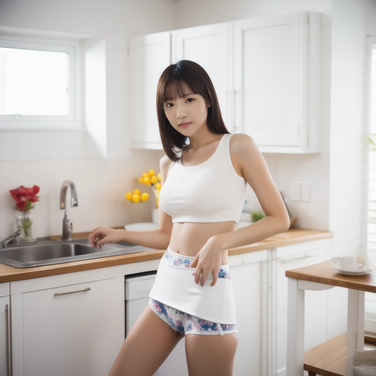 Asian woman in her 50s posing in her kitchen wearing a white top and floral mini skirt, Korean Girls, Korean women, Young and cute gravure idol, Young Sensual Gravure Idol, Young and skinny gravure idol, Japanese Model, realistic Young Gravure Idol, Hole in the Motto, Young Gravure Idol, Smooth white tight clothing suit, Chiho, Cute panties are visible