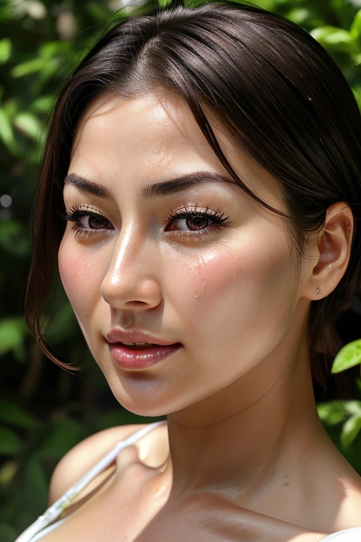 Beautiful Japanese,1 girl(masterpiece:1.2, highest quality), (Realistic, photoRealistic:1.4),, Keep your eyes clearly focused, Nose and mouth,Face Focus, Extreme close up of face、 Age 35,Black Hair、Symmetrical face,Realistic nostrils、Angle from below、Elongated C-shaped nostrils(Sharp Nose)Sweaty skin、Shiny skin,((Brow wrinkles)))(On the tongue)、Deep Kiss、((Thin eyebrows))Oily skin、glistening shining skin、double eyelid、Beautiful woman、Medium Hair,Rolling your eyes,、Shortcuts((half-closed eyes, frown, grimace, scowl))((oily skin,sweat))((Shiny skin)((Sweaty skin))