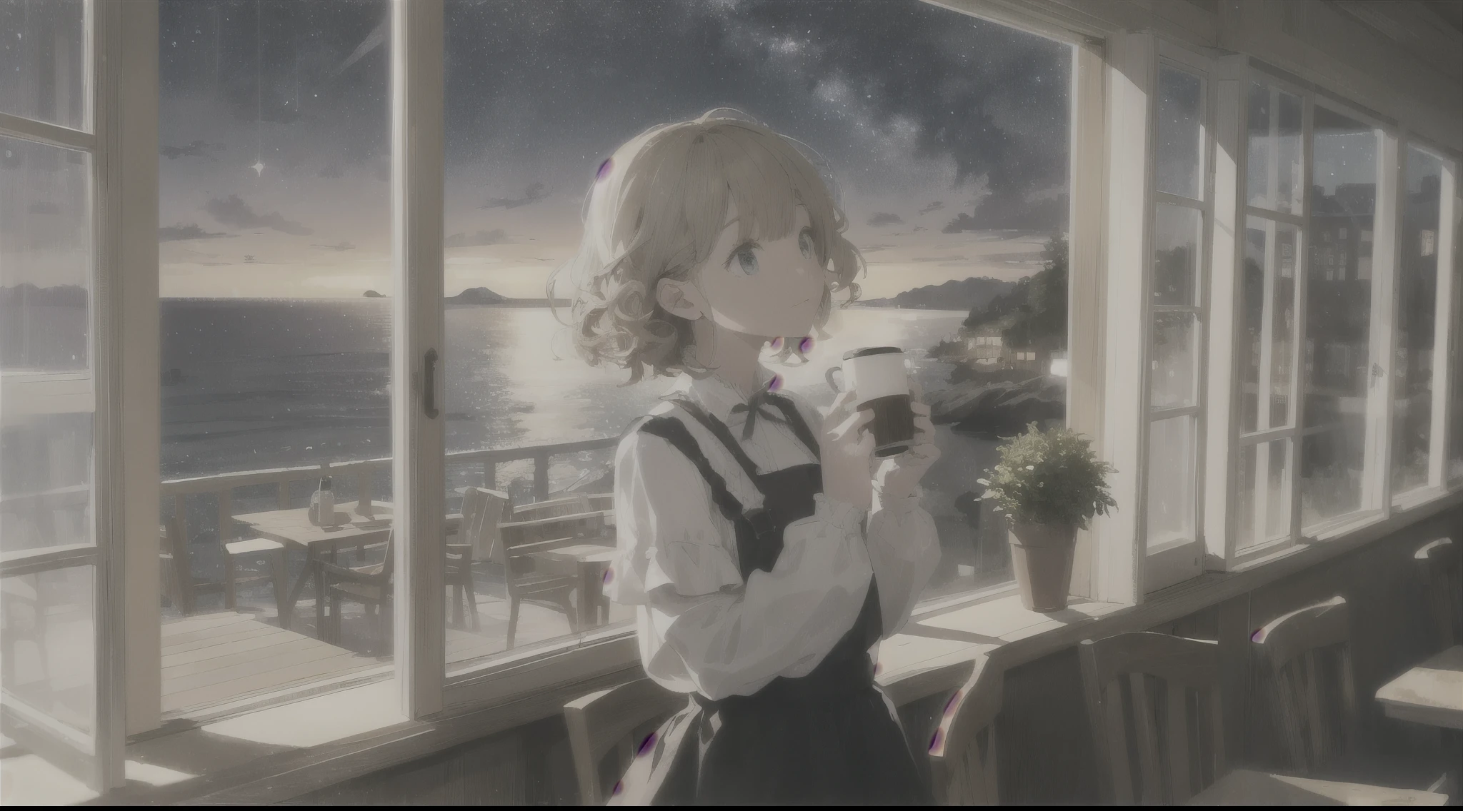 (highest quality: 1.5), (Super detailed: 1.5), (highest quality Photo: 1.5), Cafe,coffee,Outside the window, the sea as far as the eye can see, Starry Sky, Meteors, horizon, Pitch black sea, Midnight, Midnight, Milky Way, nebula, Particles of light, Very delicate and beautiful, very detailed, Mysterious, Cinematic Angles, 8k resolution, elegant, perfection, Smooth, Beautiful girl looking up outside, very cute, curly,