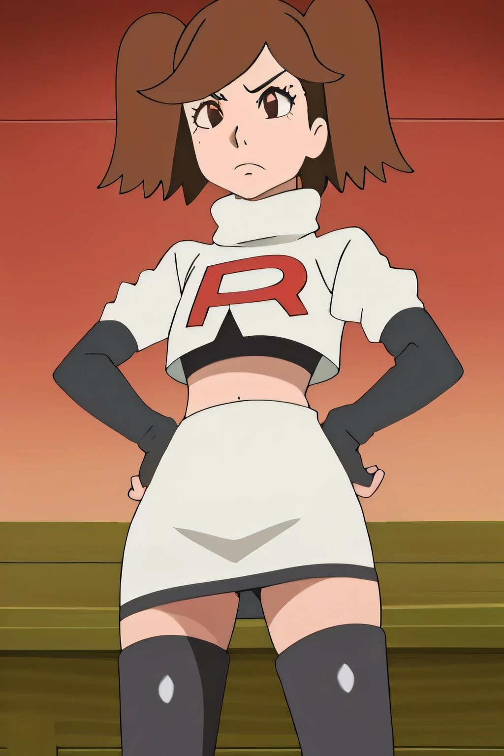 masterpiece,best quality,high res,high quality,8k, masterpiece,highres, team rocket uniform, red letter r, white skirt,white crop top,black thigh-high boots, black elbow gloves, glaring angrily, looking down at viewer, hands on hips, cowboy shot, zettai ryouiki,spread legs,from below, black panties,anime style, vivid colors, sharp focus, intense lighting,namida suzameno,two braids,brown hair,brown eyes