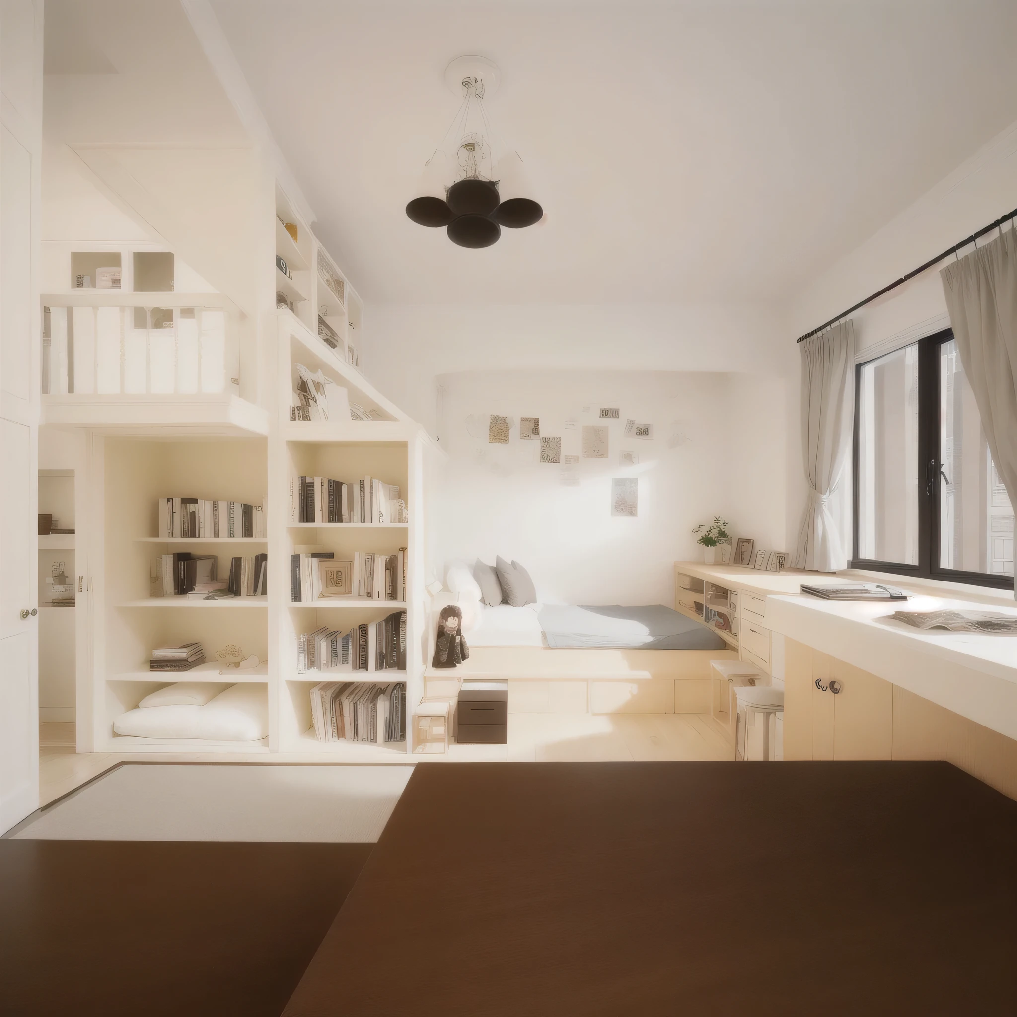 There is a room with a table, bookshelf, and a bed, Cream Room, stairs and bookshelf, Loft interior pictures, bookshelf, Morning loft photos, bookshelf, The whole room, Apartment Design, Wooden table with books, High-end interior, children's bedroom, Small Library, bookcase, small room, Toy Room, Interior design