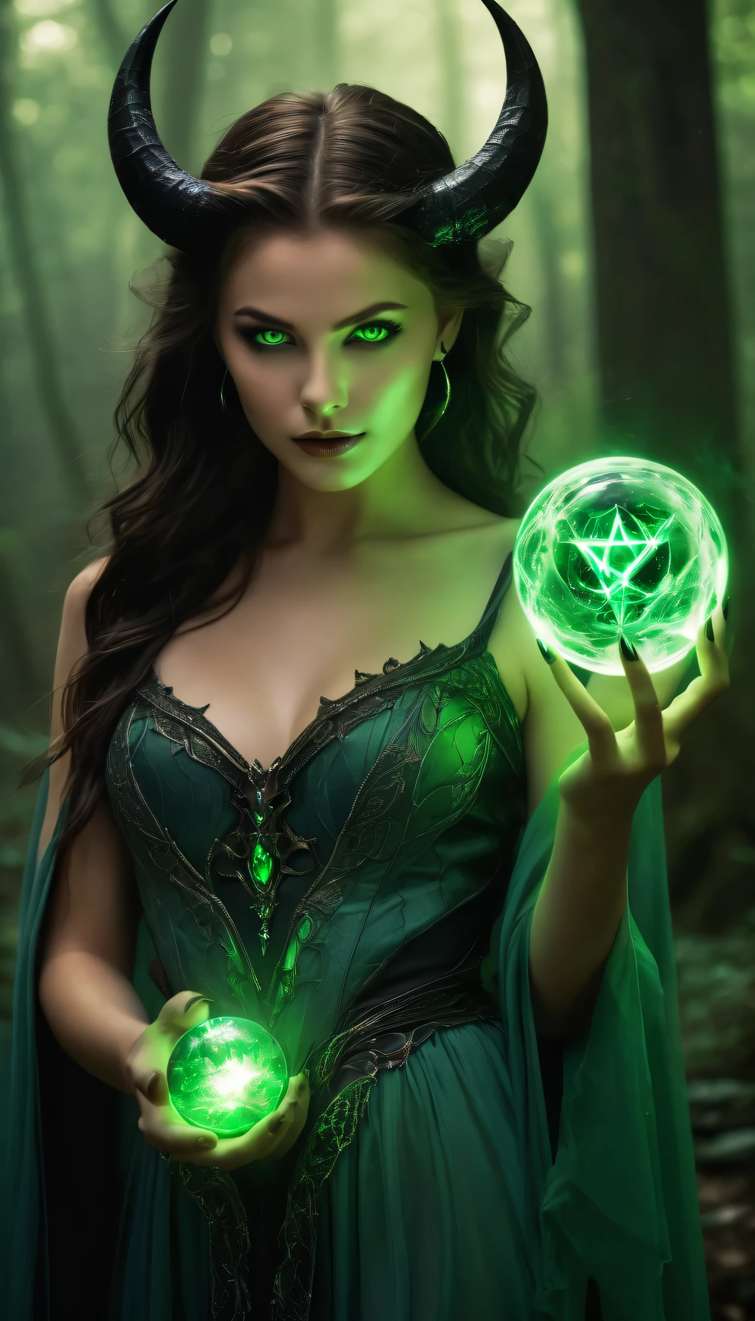 (Best Picture Quality, High Quality,Masterpiece:1.2),Ultra-Detailed,(Realistic:1.37),Summoning Spell, Sinister Devil with Innocent Beautiful Girl Face full body view ,13 Year Old Girl Face, Detailed Green Eyes, Detailed Lips, Seductive Look, ark Atmosphere, Demonic Powers, Fantasy Setting, Mysterious Lighting, Occult Magic, Bewitchingly Beautiful, Dark aura, enigmatic smile, sorcerer, casting powerful spells, enchantment, greenish tint, occult symbol, irresistible charm, supernatural being, glowing magical orb, mystical spell, sinister being, sinister background, enchanted forest, mystical beauty, enchanted power, dark charm, dark mystical realm, magic circle, whispering wind, dark magic, enchanting charm, enchanting gaze, invisible power, forbidden art, supernatural transformation, transcendent beauty, enchanting power, devil whispering, enchanting enchantment, disturbing beauty, mystical enchantment, alluring evil, magical energy radiates, dark enchantment. (She has long, sharp claws:1.5).