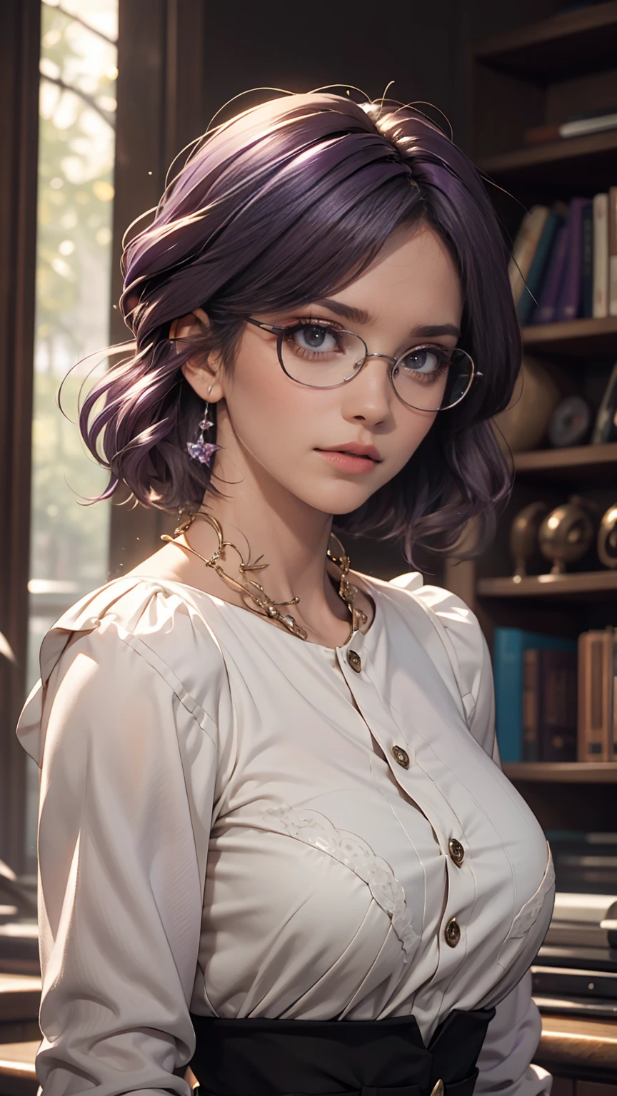One girl, Mature Woman, masterpiece, spouse, goddess,short hair ,((Purple Hair)),Glasses