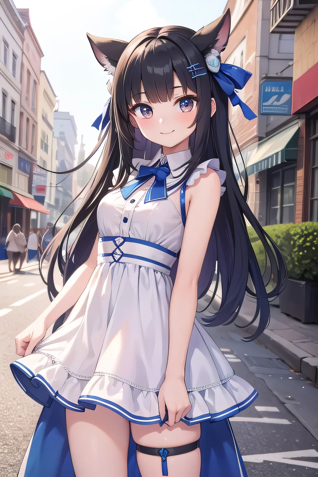 (masterpiece, best quality:1.2),2d, cowboy shot, solo, 1girl, vestia zeta, virtual youtuber, smile, looking at viewer, hair ribbon, hair ornament, white dress, single thighhigh, thigh strap, street background
