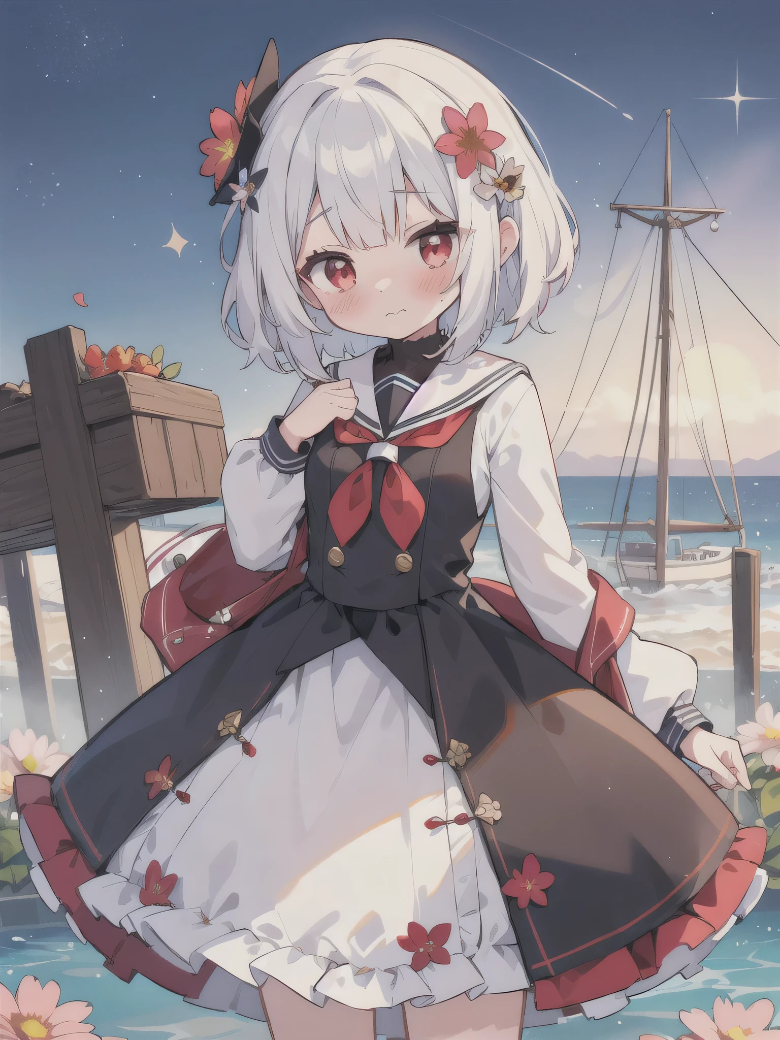 ((Masterpiece)), (High Definition:1.3), best quality, 8K, lens flare, wide shot, Textured skin, cinematic lighting, best quality, (kawaii:1.1), (cute), (high resolution:1.2), incredibly absurdres:1.3, incredibly fine illustration BREAK 1girl, solo, Sea, Ship Captain, White short hair, sailor, dynamic angle, (shy:1.4), (blush:1.2) BREAK (flower:1.5),  Beautiful Gothic Lolita Red british sailor coat, red eyes, cute innocent young girl, Slender and small breasts, neat and clean, (cute sparkle), Light particles