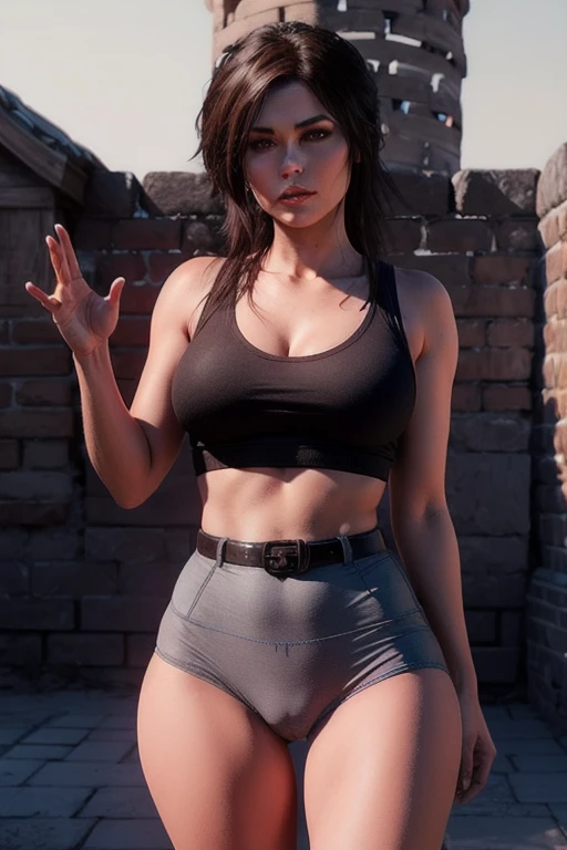 a professional photo of rottr_lracrft woman, wearing a very long v neck sleeveless grey shirt, tactical belts around thighs, dynamic standing pose in the great wall of china sunbathing, ((extremely detailed skin)), (perfect eyes), (((perfect hands))), (curvy hips:0.8), (filmic lighting), (desaturated:1.05), 8k, dslr, (bokeh), ultra high res , (((panty))), (((cameltoe)))