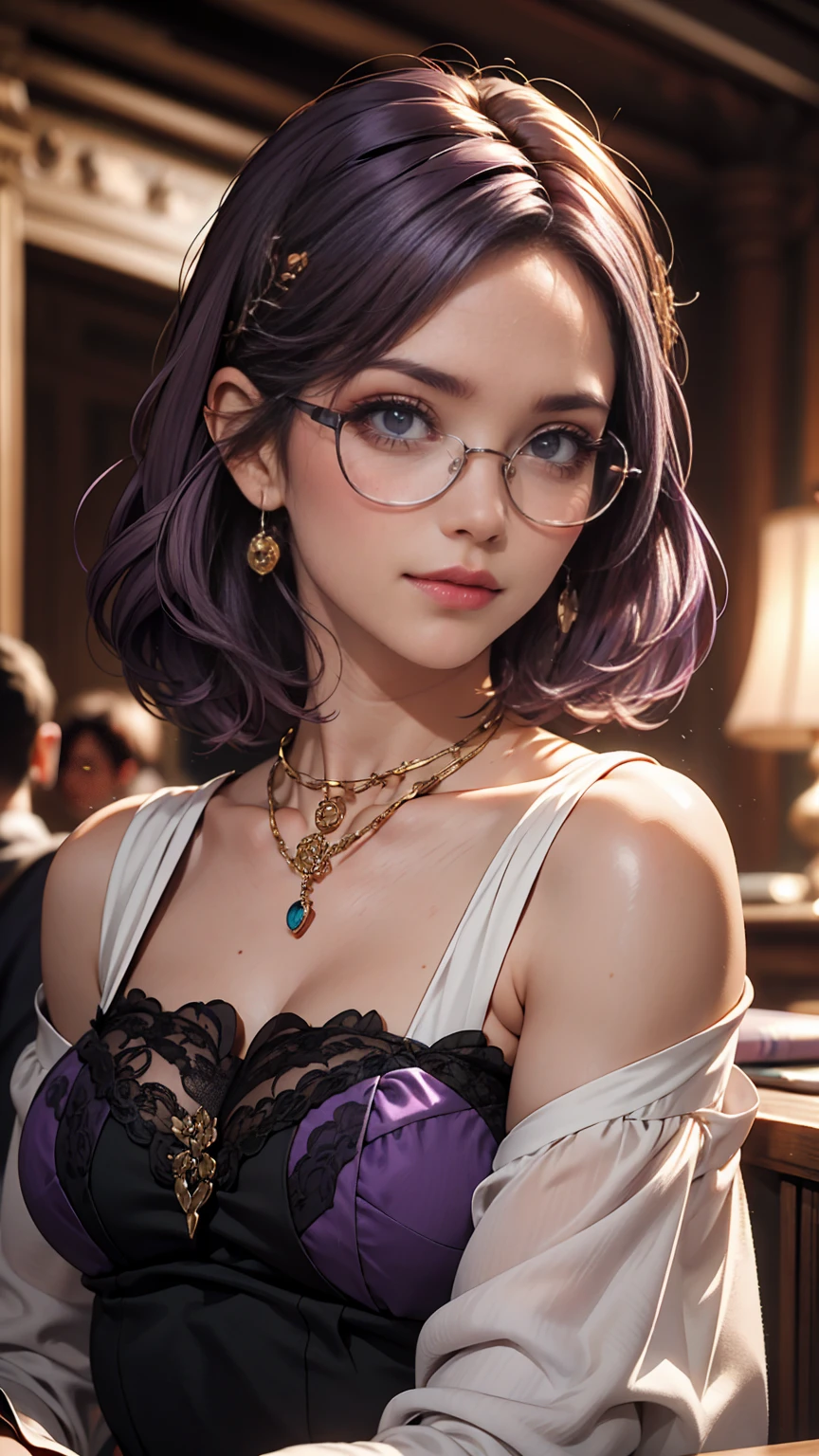 One girl, Mature Woman, masterpiece, spouse, goddess,short hair ,((Purple Hair)),Glasses