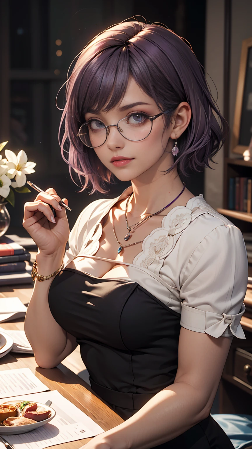 One girl, Mature Woman, masterpiece, spouse, goddess,short hair ,((Purple Hair)),Glasses