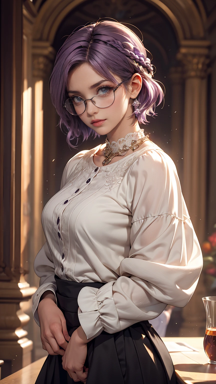 One girl, Mature Woman, masterpiece, spouse, goddess,short hair ,((Purple Hair)),Glasses