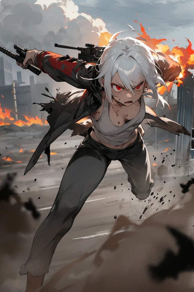 woman, white hair, tank top, short jacket, dirt on face, angry face, red eyes, outdoors background, grey and cloudy, fire in background, dirty clothes, visible breath, cold outside, running, getting shot at, bullets flying, 