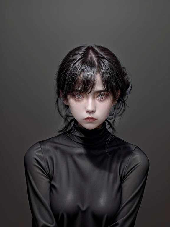 1women,medium chest,black dress,turtle neck,looking viewer,shy expression