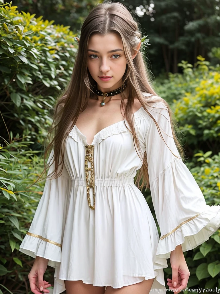 1girl,8k,hd,masterpiece, young (elven) girl, late teenager, pointy elven ears, in her late teens, ample chest and shapely hips, long wavy hair, blue eyes, white fair skin, wore ragged medieval peasant dress, brown colored dress, lots of patches, long sleeves, she wores magical spike slave collar, close up, small cottage