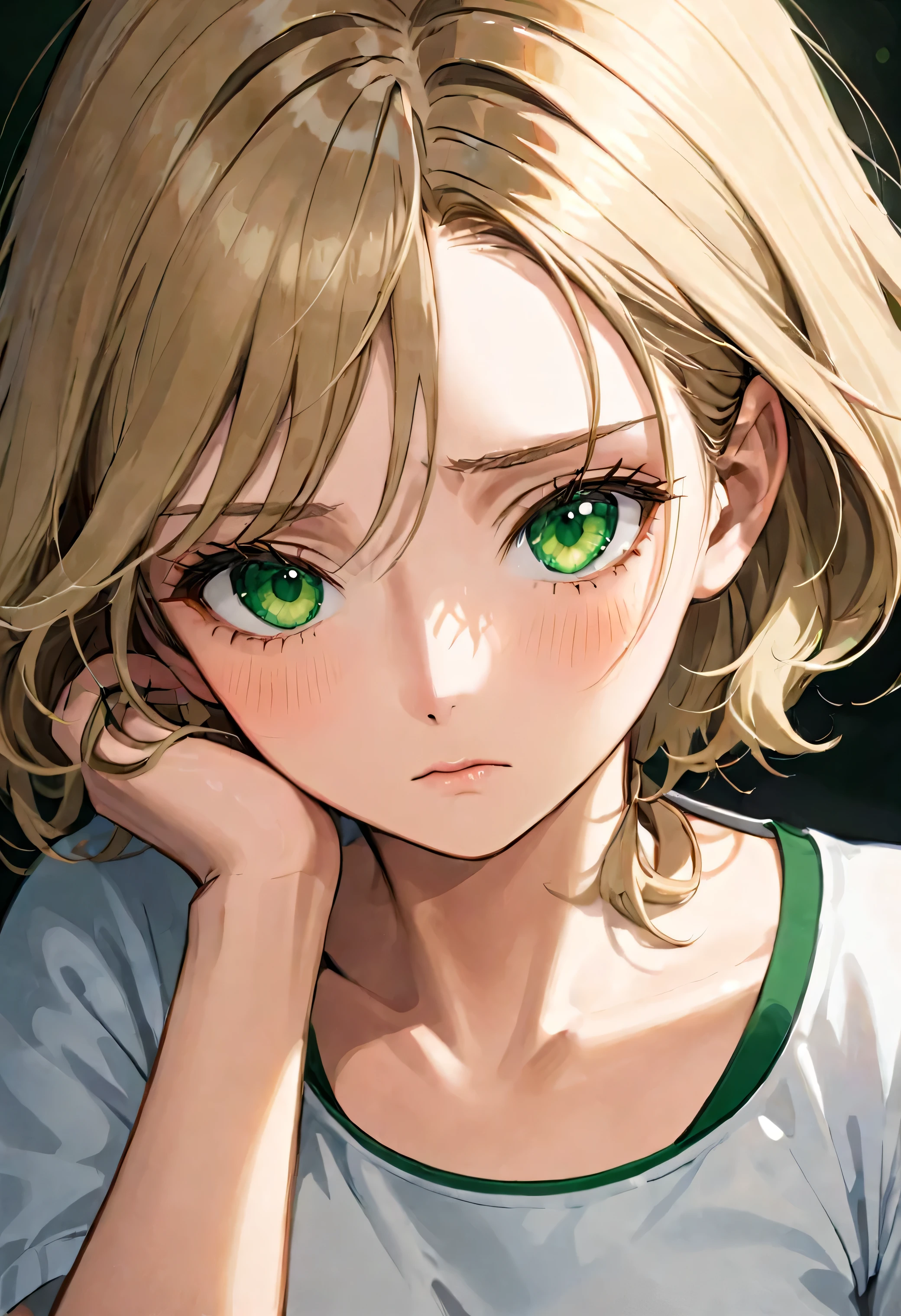 Dark blonde woman with green eyes, with a tired face.