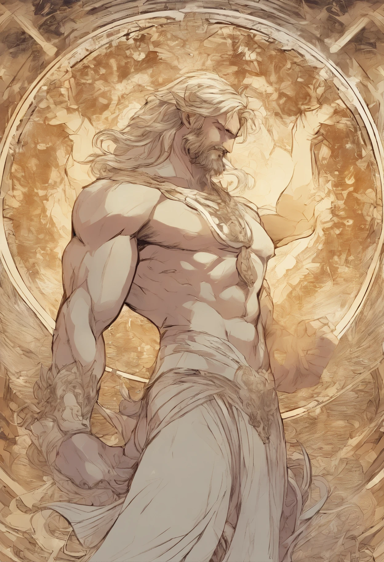 Portrait of an elegant beautifull mighty God unleashing all his powers, digital painting in the style of Robert Liberace, dynamic action poses of stout god apollo, god of light a d art, greek god, blond hair, male, youbg, handsome, upper body, muscular, hairy torso, fantasy, completely naked. Uncircumcised erect  penis, blonde pubic hair, intricate, elegant, highly detailed, digital painting, art station, concept art, soft, sharp focus, illustration, art by Robert Liberace, Gaston Bussiere and Alphonse Mucha, klimt, art deco