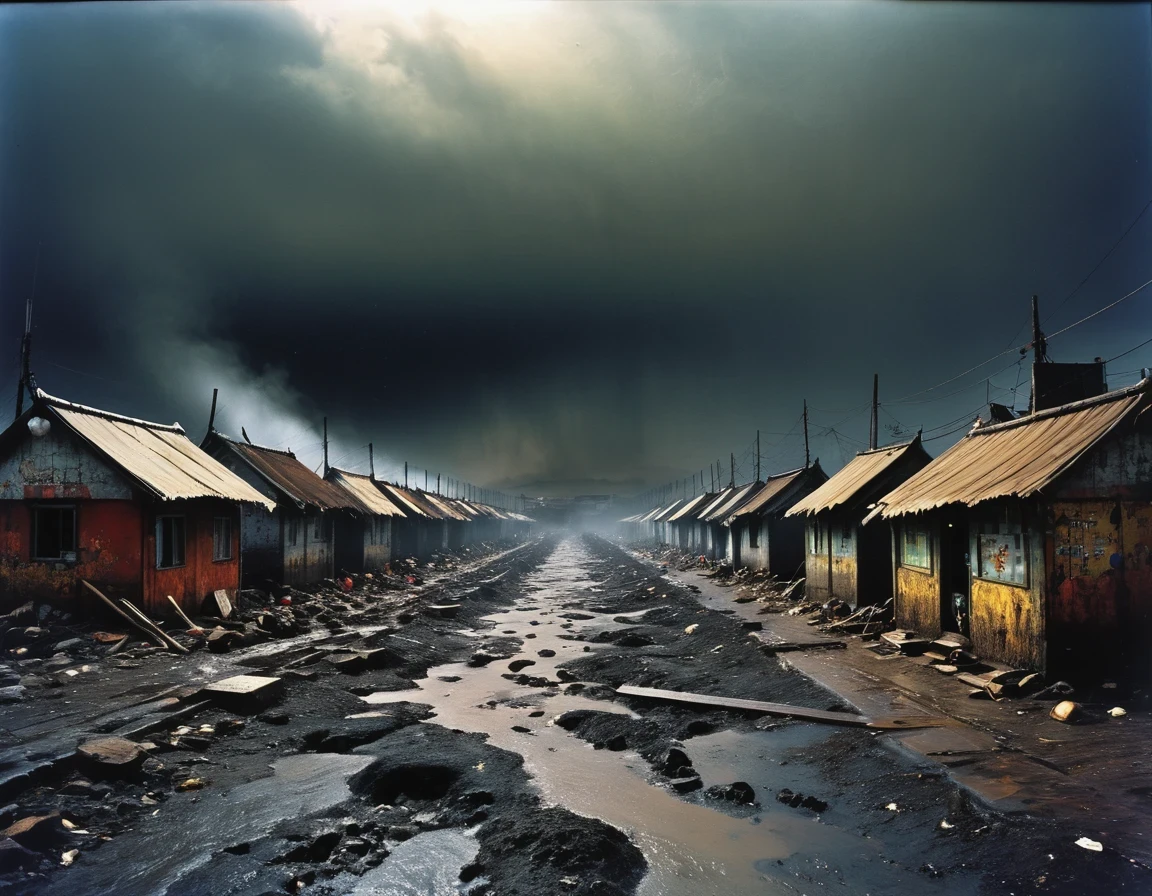 in style of Mark Lague,in style of Beeple,in style of Ian McQue,Latter-day rough soil,(The skinny disaster victims in ragged clothes with half their faces covered),(The dark sky is raining sulfuric acid:1.3)),(Sulfuric acid rain),The desolation and ruin after the disaster,The living environment is extremely harsh,The sky is always gray,The air is full of harmful substances。Water is becoming scarce,And it is full of various unknown pollutions,The sudden disaster left the earth devastated,Species mutate,Food became scarce,The living environment is harsh,No area to be planned,On an unnamed street,Dilapidated and ugly scenes can be seen everywhere。The underground sewage system on the street has long been paralyzed,The makeshift outdoor toilet exudes a foul odor,Connected to rows of shopping malls。The whole area is sparsely lit.,From time to time, you can see a group of people gathering on the roadside,Food is even more precious,Most people survive on synthetic food or mutant plants.:The dark sky is raining sulfuric acid,Detailed details,Ultra high quality,Ultra Detailed,Epic graphics,The art of math,future,Science Fiction,Asymmetry,