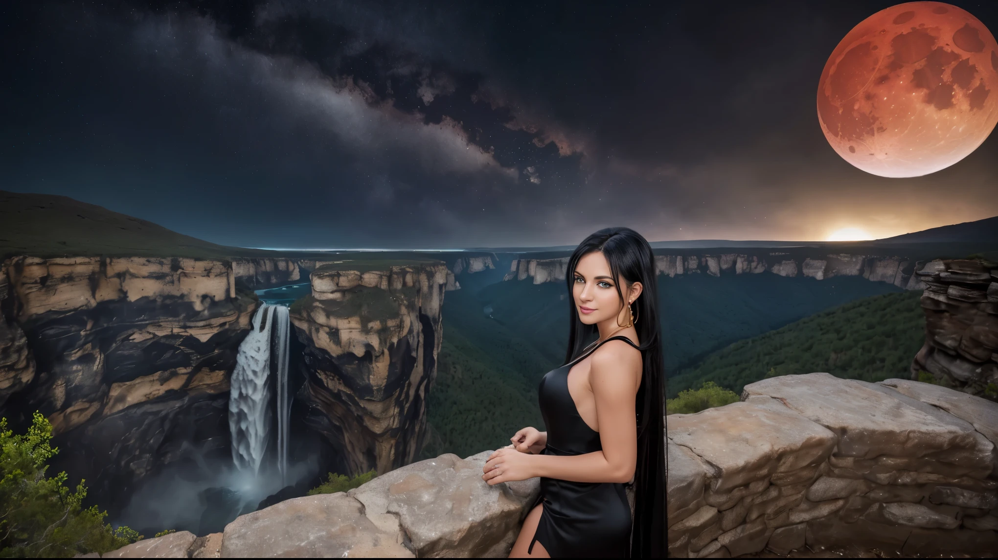 (Very realistic image), Centerpiece, masterpiece, Ultra detailed, High quality, 4k, complex, expert, Center, (volumetric lighting), beautiful, masterpiece, (ultra detailed landscape), (landscape sharp), (sharp image). (1 pretty girl alone), (1 sublime European girl aged 30), (European girl), (straight black hair:1.5), (blue eyes:1.3), innocent face, (seductive smile:1.2), (large gold hoop earrings) , (pretty breasts), (plunge neckline), (black dress:1.5), (bodycon dress, short dress, slit dress, silk dress:1.5), (gold jewelry). (on top of a mountain overlooking a magnificent landscape of waterfalls and lush forest at the bottom of a canyon:1.3), (storm and red lightning:1.6), (dark night: 1.5), (darkness: 1.5), (blood red moon:1.5), (low lighting). (sensual dynamic pose), (perfect body), (perfect anatomy), (perfect hand), (looks at camera:1.3), (cowboy shot), (upper half of the body view)