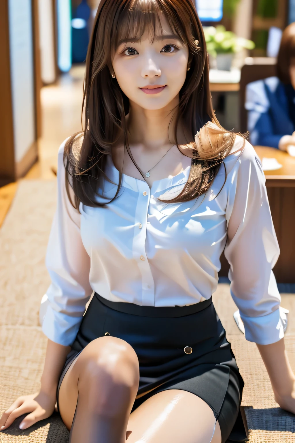 masterpiece, highest quality, Realistic, Very detailed, finely, High resolution, 8k wallpaper, Professional, High level of detail, ((One 18 year old girl:1.2)), Slender Japanese women,cute lips, Collarbone Detail, Center of chest、Perfect Face, (cute short hair:1.5), Chestnut Hair、cute face、Perfect Professional Potion、((Complete head-to-toe coverage:1.5)、(8k、RAW Photos、highest quality、masterpiece:1.2)、Character Focus、perfect cute girl、cute、(Small face)、(office lady:1.2)、A kind smile、Shiny skin、(Beautiful leg lines)、Narrow waist、Big Breasts、Beautiful breasts、(blouse、Pencil Skirt、Black Stockings:1.2)、High heels、Clear Skin、High transparency、(Slender and beautiful girl)、(Shiny)、View your viewers、Beautiful thighs、office interior、Bokeh、