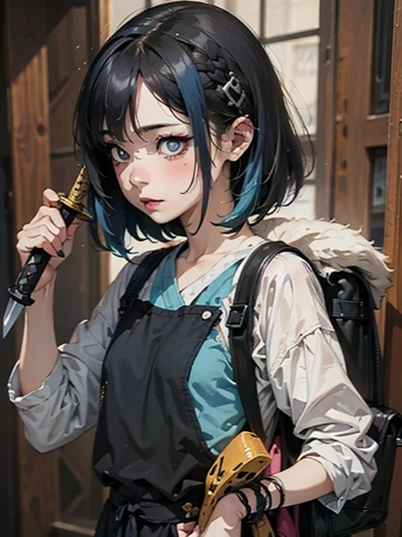 ((18-year-old punk girl,Unusual punk hair:1.3)),((Blue and white British punk fashion:1.5)),(Light black and blue hair:1.5、Long Bangs:1.5、short hair)Studded clothing、((Holding a sword in his right hand:1.5))、((Small backpack on the back))、（Narrow and small eyes）,Wacky makeup、Breast augmentation, (masterpiece), (High resolution), (Very delicate), scribble, nightmare, doll-like face, Manga style, rough sketch, Horror elements, Manga styleイラスト, Japanese painting, phantom, (Spooky), Japan sculpture, crazy illustration, antique, Dark atmosphere, Flat Illustration,Spookyな外観, Unique atmosphere、Narrow eyes、close your eyes
