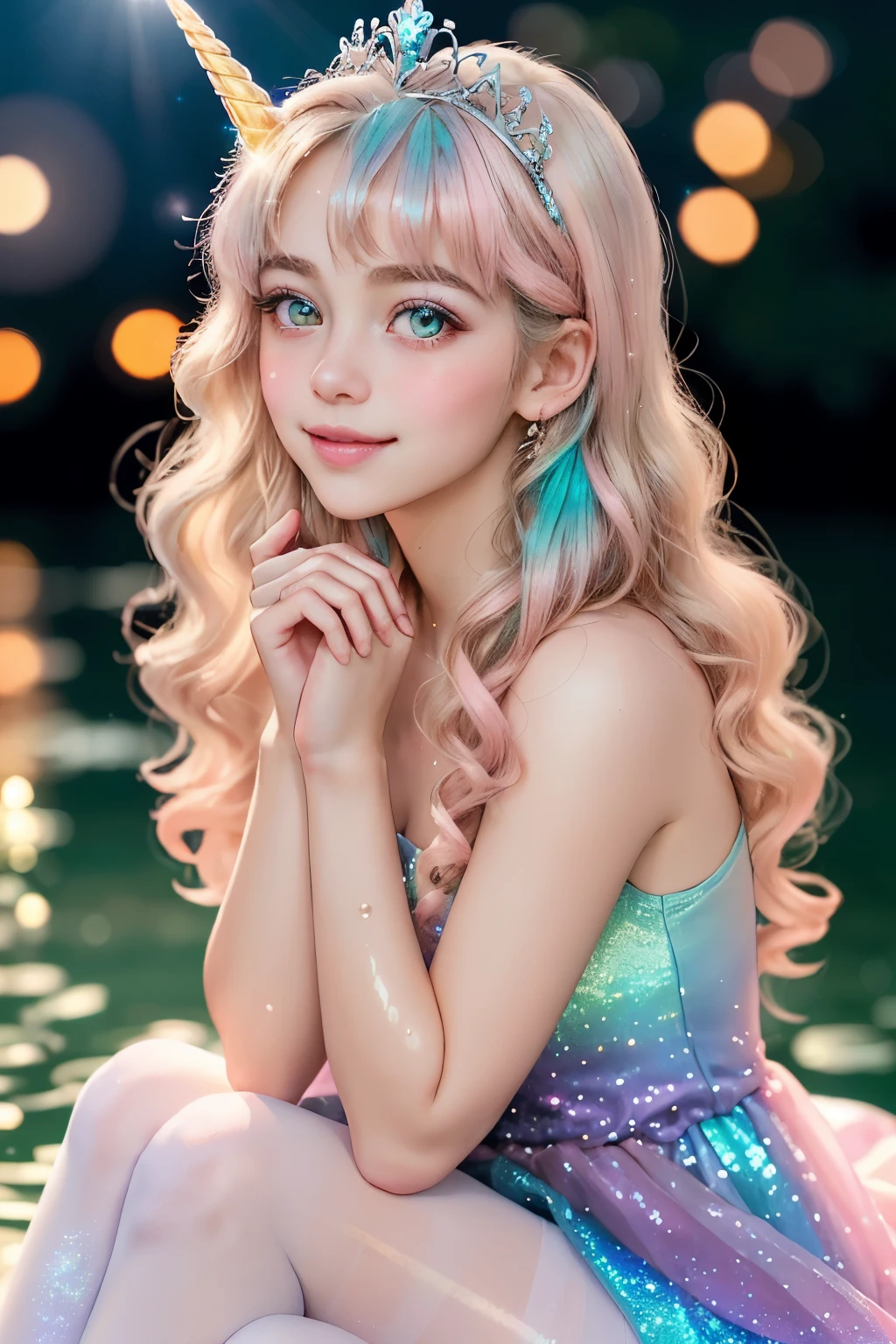  girl sitting on giant draped fabric flower in shimmering water pond, blond long curly hair with turquoise highlights, brown eyes, youthful face, pink sparkle summerdress, soft pastel light, gentle smile, content expression, white sheer pantyhose, blushing cheeks, angle from below, pink lipgloss, blurry fairylights in background, glitter sparkly bokeh effect, orange and pink gradient background, fairywings, shy pose, silver princess unicorn tiara, blue shimmer, rainbow light backlit, soft edges, soft colors, angelic face, innocent doll eyes, holding fairywand, profile angle, clouds in the sky background, shimmering makeup, glitter highlights in hair