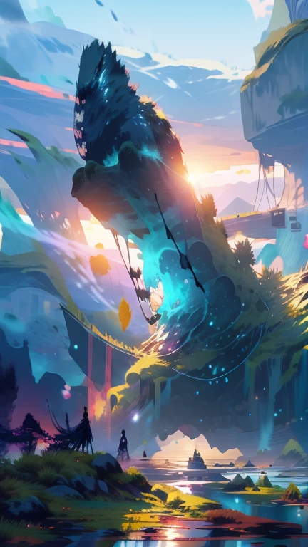 landscape, masterpiece,gorgeous, horizont, sunset,magic, detailed clothes, artistic, purple, dust, mountain, best quality, ((no_humans)), colorful, reflections, fog, birds, deailed,intricate, nature, ancient, beasts, flowers,